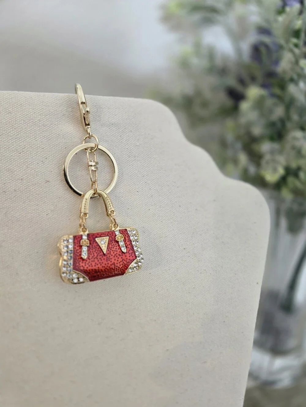 Gold-Tone Red Mini Handbag Keychain Charm